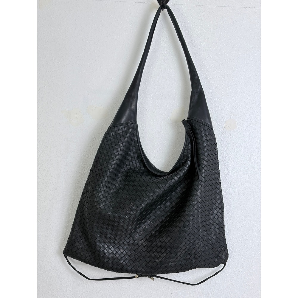 Black Woven Leather Convertible Drawstring Slouchy Hobo Shoulder Bag Womens